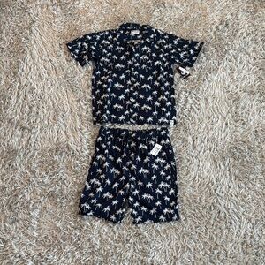 Free Planet Navy Blue Palm Tree Print Button Down Shirt & Shorts Set